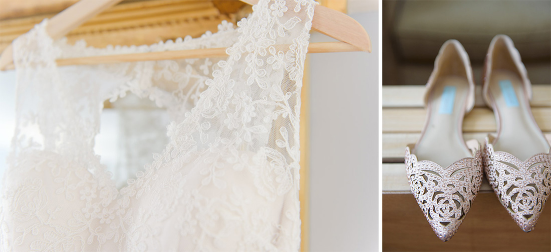 Dual photo of a closeup of a wedding dress and a pair of wedding shoes.